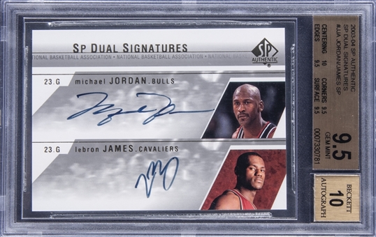 2003-04 SP Authentic "SP Dual Signatures" #JJA Michael Jordan/LeBron James Dual Signed Card – A True Gem+ Example – BGS GEM MINT 9.5/BGS 10